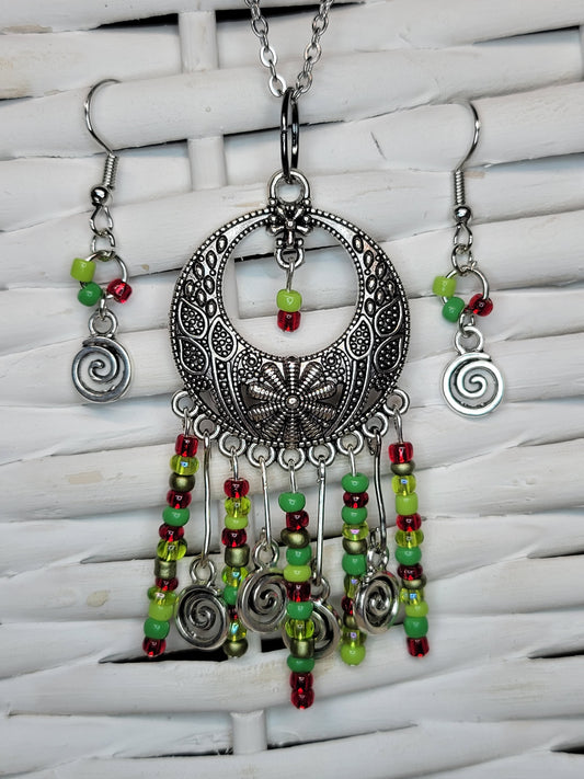 Red and Green Beaded Swirl Necklace/Earring Set