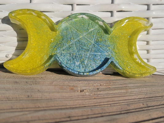 Blue/Silver & Yellow Resin Triple Moon Tray