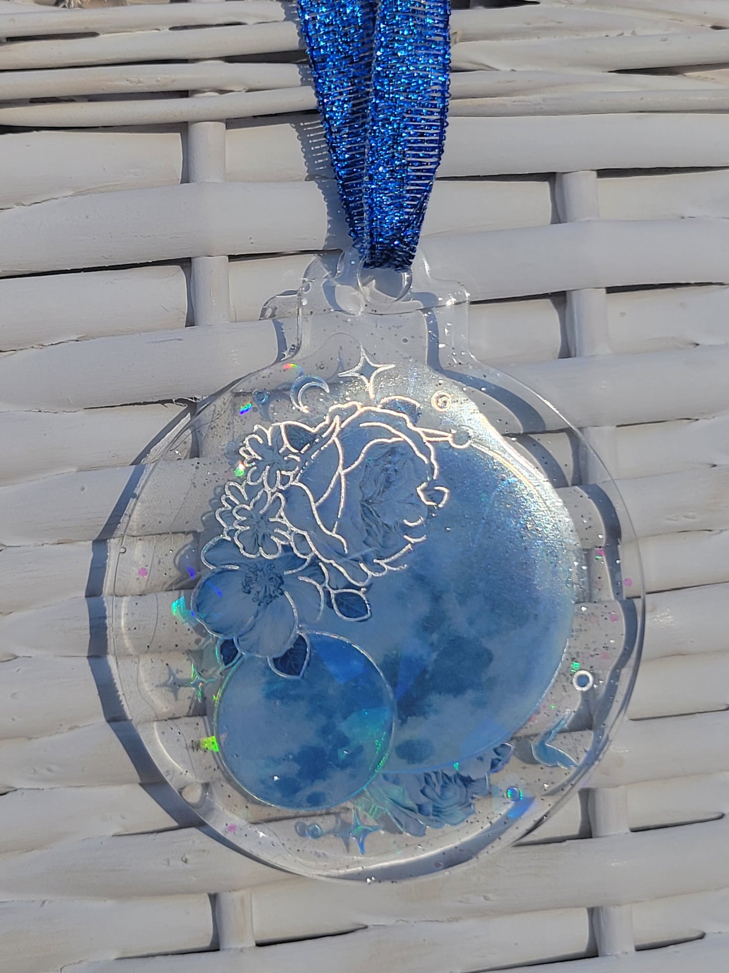 Moon & Flower Ornament with Blue Ribbon - 50% Off