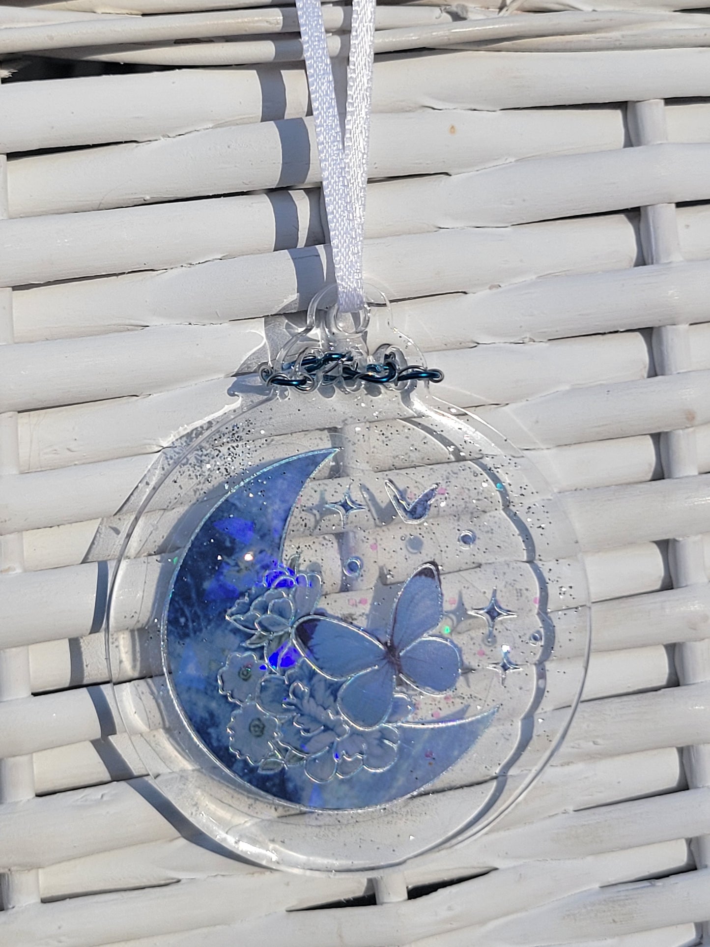 Moon & Flower Ornament with Wire Wrapping & White Ribbon - 50% Off