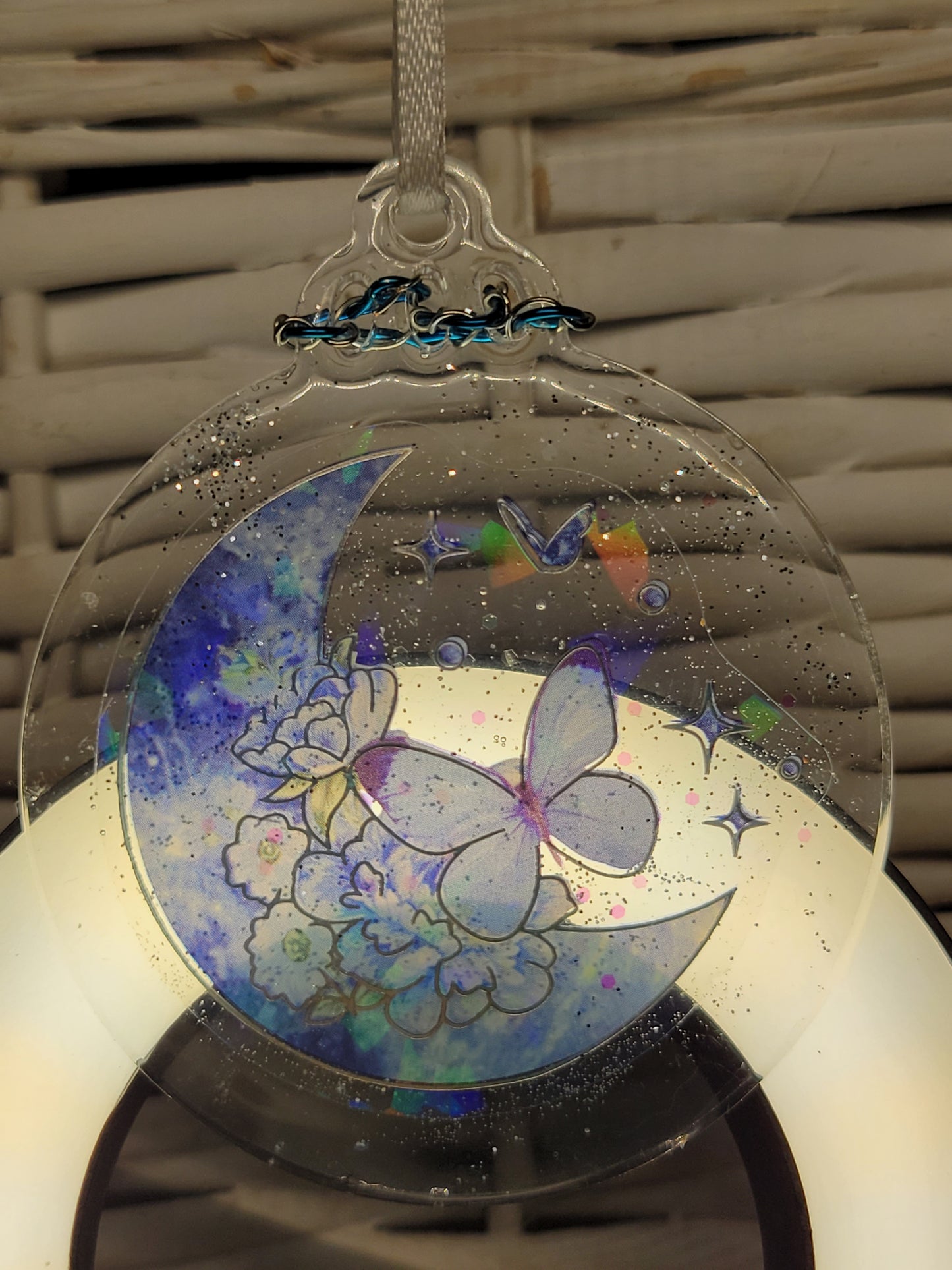 Moon & Flower Ornament with Wire Wrapping & White Ribbon - 50% Off