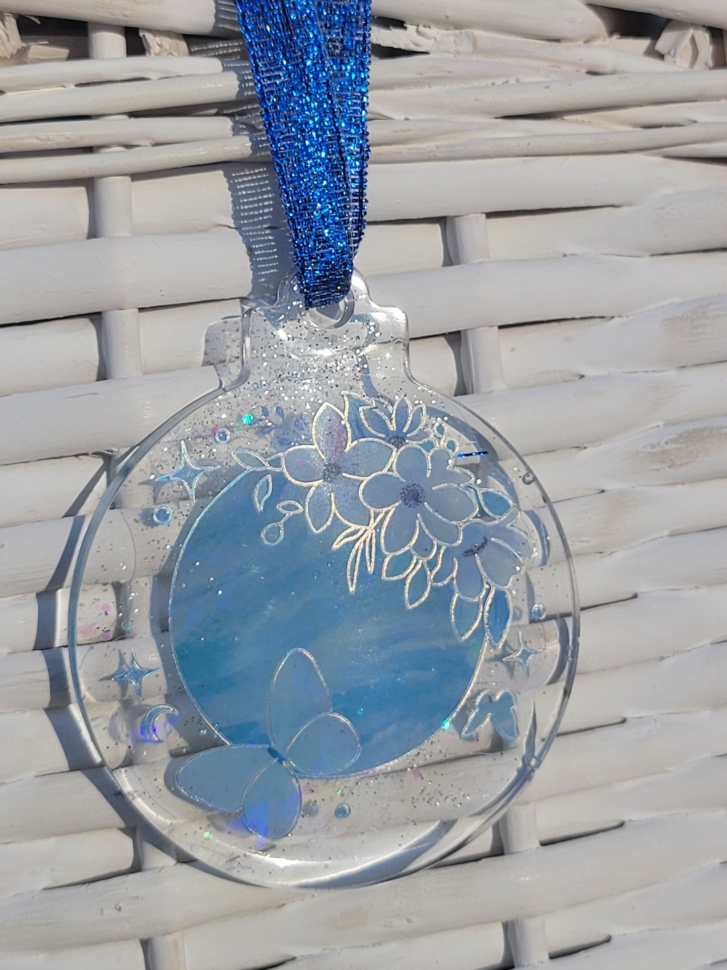 Moon & Flower Ornament with Blue Hanging Ribbon - 50% Off