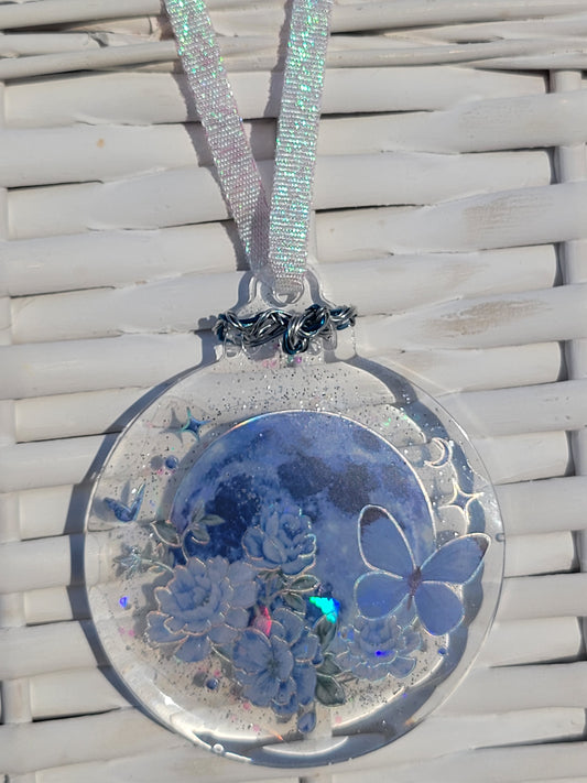 Moon & Flower Ornament with Wire Wrapping & White Sparkle Ribbon - 50% Off