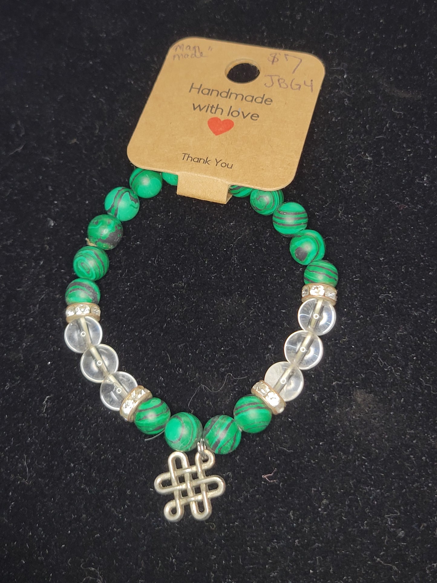 Malachite (Manmade) and Clear Bead Bracelet