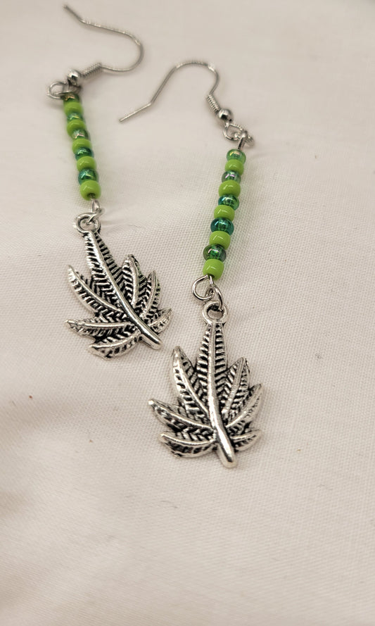 Green Beaded Special Leaf Earrings