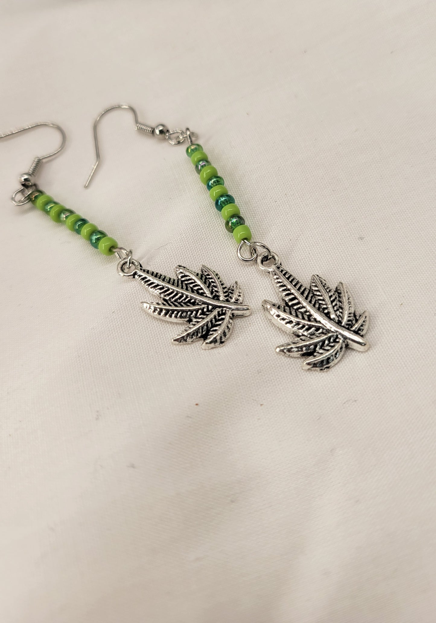 Green Beaded Special Leaf Earrings