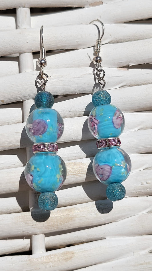 Blue Beaded Earrings with Pink Flowers