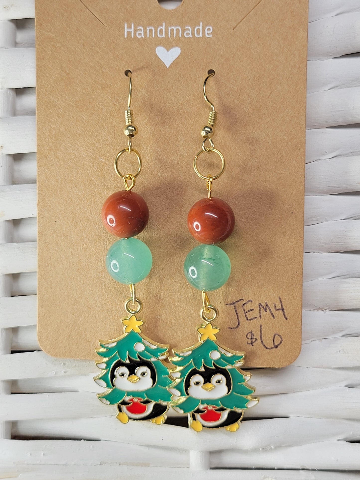 Penguin Dangle Earrings with Red Jasper & Green Aventurine