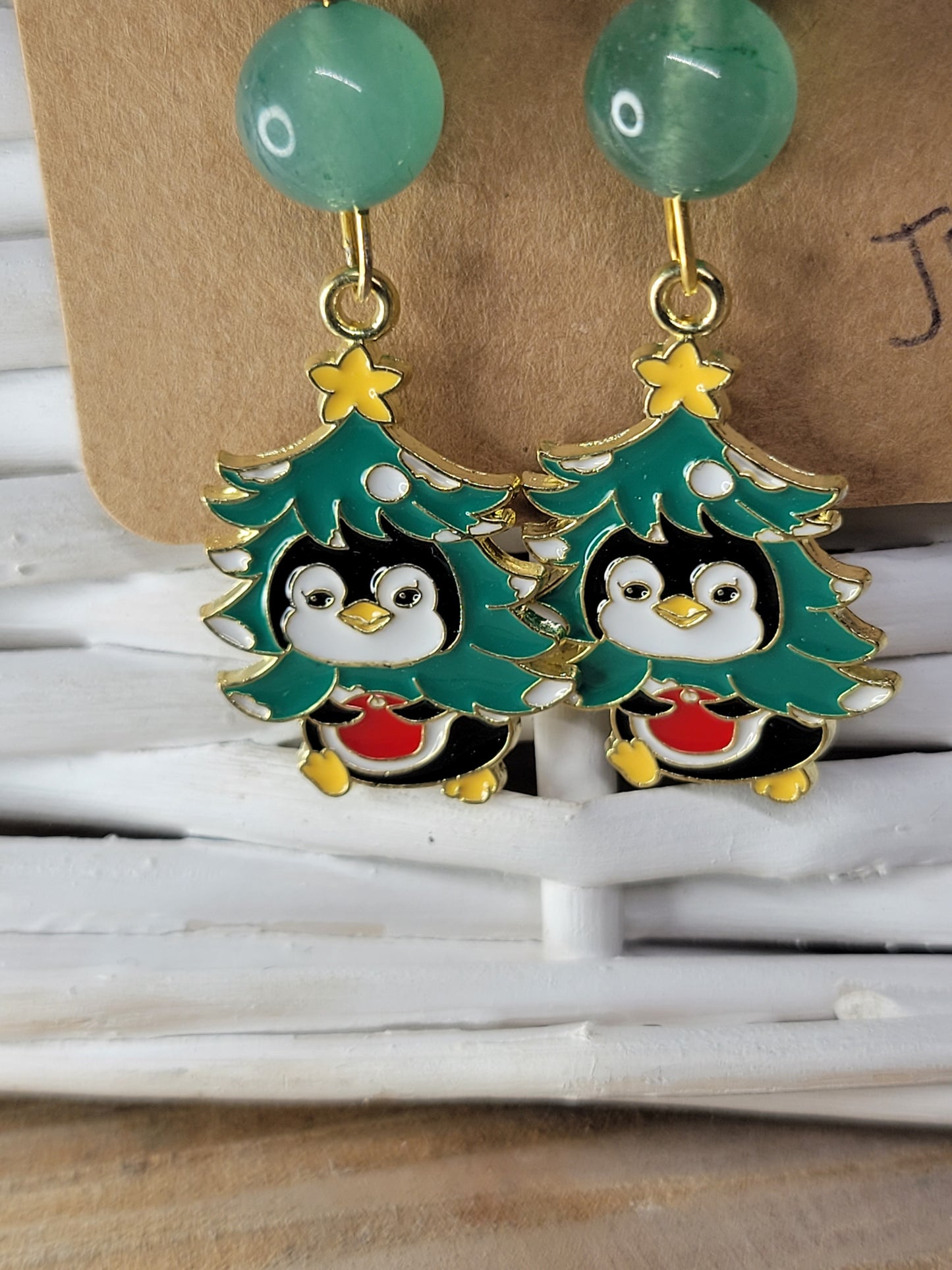 Penguin Dangle Earrings with Red Jasper & Green Aventurine