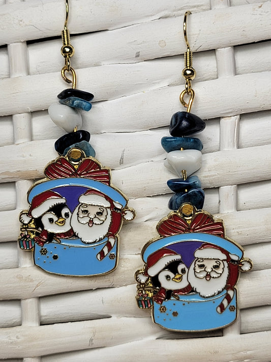 Penguin & Santa Earrings with Blue Apatite & White Jade