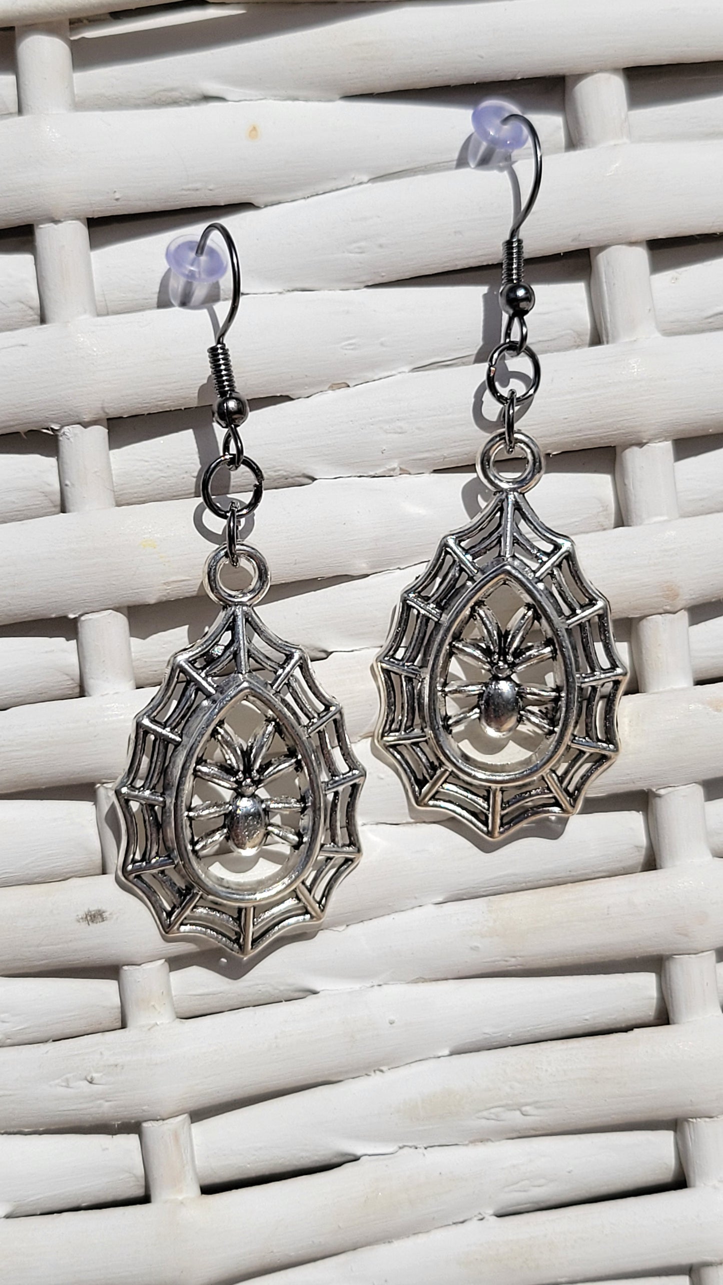 Silver Spider in Web Earrings