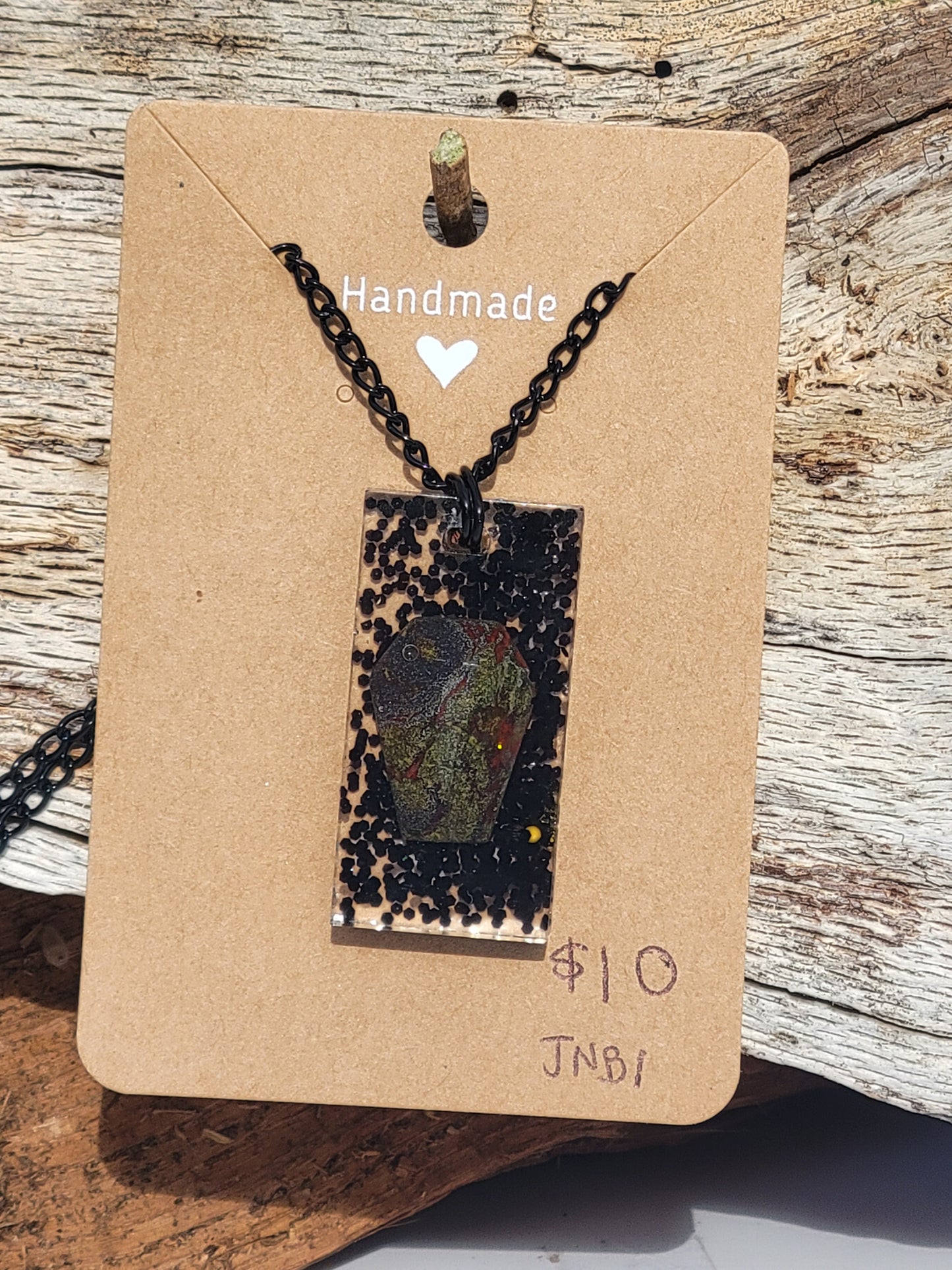 African Bloodstone Coffin in Resin Necklace