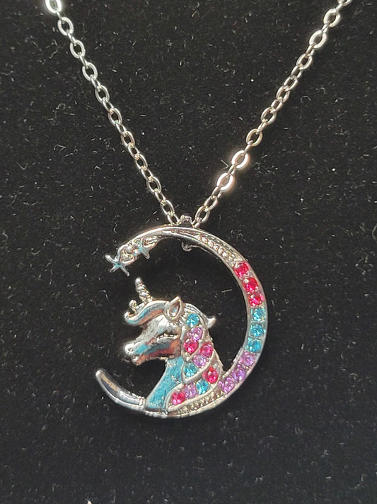 Silver Unicorn & Moon Necklace